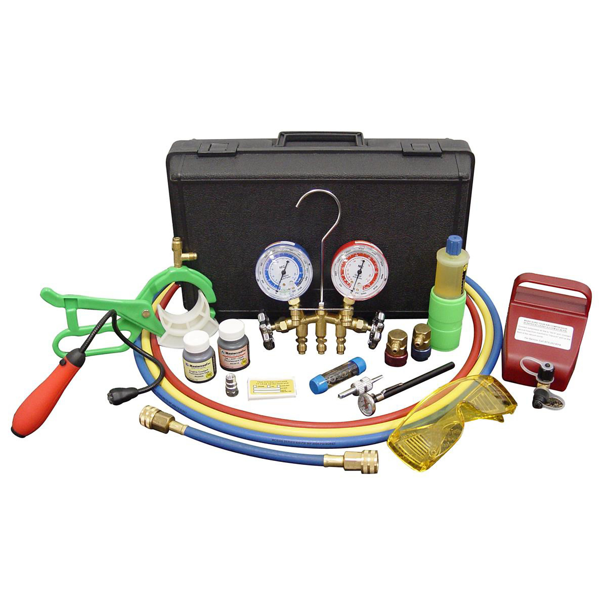 Mastercool Complete A/C Kit — Brass Gauge Set, Air Operated Vacuum Pump, UV Dye Kit, Pocket Thermometer, Model# MSC66661-KIT